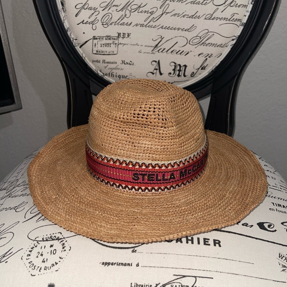 STELLA MCCARTNEY LOGO RAFFIA PANAMA TAN STRAW HAT RED STITCHED BAND SIZE: 56 - Picture 2 of 8